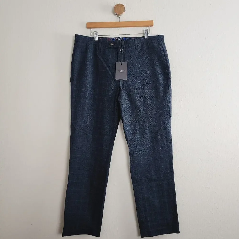 NWT Ted Baker Armtro Tonal Check Dress Pants Italian Wool Blend Blue Grey 38R